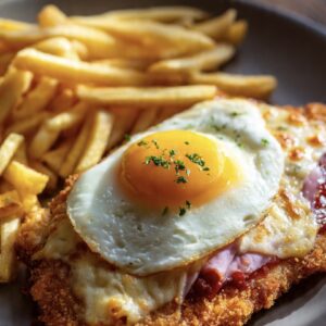 Schnitzel “Origen“ mit Tomatensauce, Schinken, Mozzarella, Spiegeleiern und Pommes frites