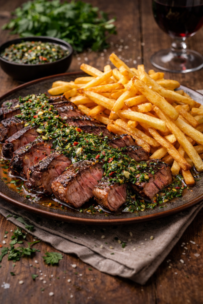 Black Angus Rind mit Chimichurri mit Pommes frites
